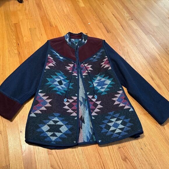 EUC Vintage Pendleton Unisex  Western Aztec Wool Long COAT Jacket RARE Teal Blue - Picture 1 of 11
